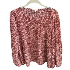 MAX STUDIO Women’s Blouse Peasant Top Boxy Floral Round Neck Flared Sleeve Red L